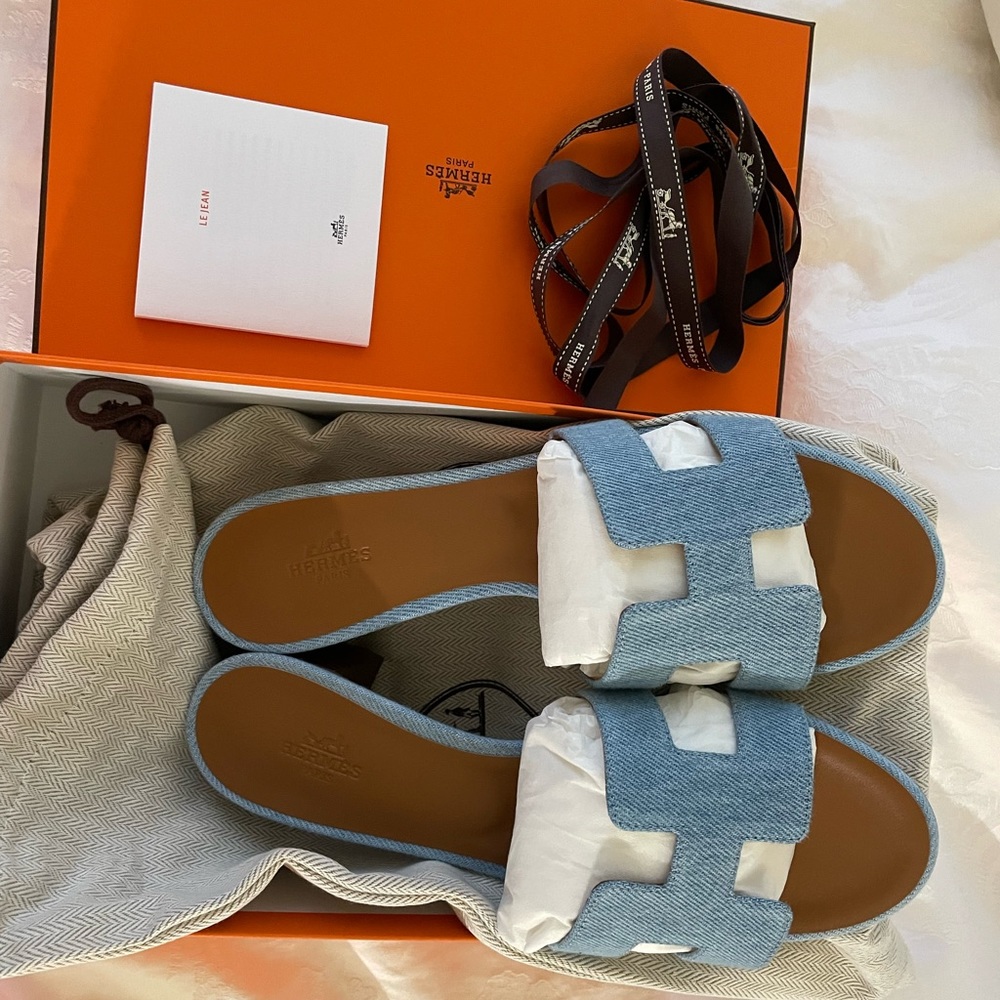 Hermes Oasis Denim Sandal 38 Bleu Clair